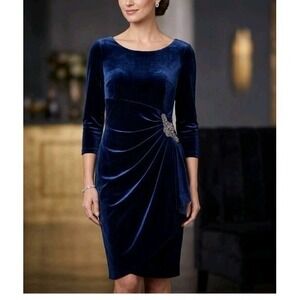 Alex Evenings Women's Navy Blue Velvet SheathDress Beaded Detail Size 14 NEW